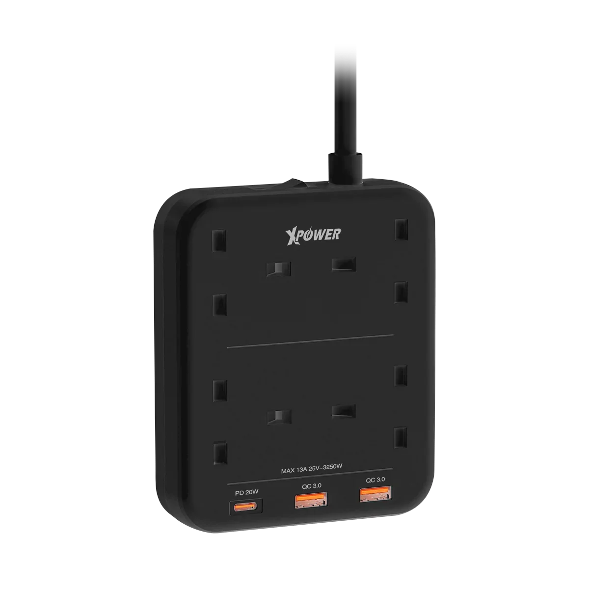 شريط طاقة XPower بقوة 3250 واط، 7 منافذ (2 منفذ USB + منفذ Type-C + 4 منافذ كهربائية بريطانية) - أسود