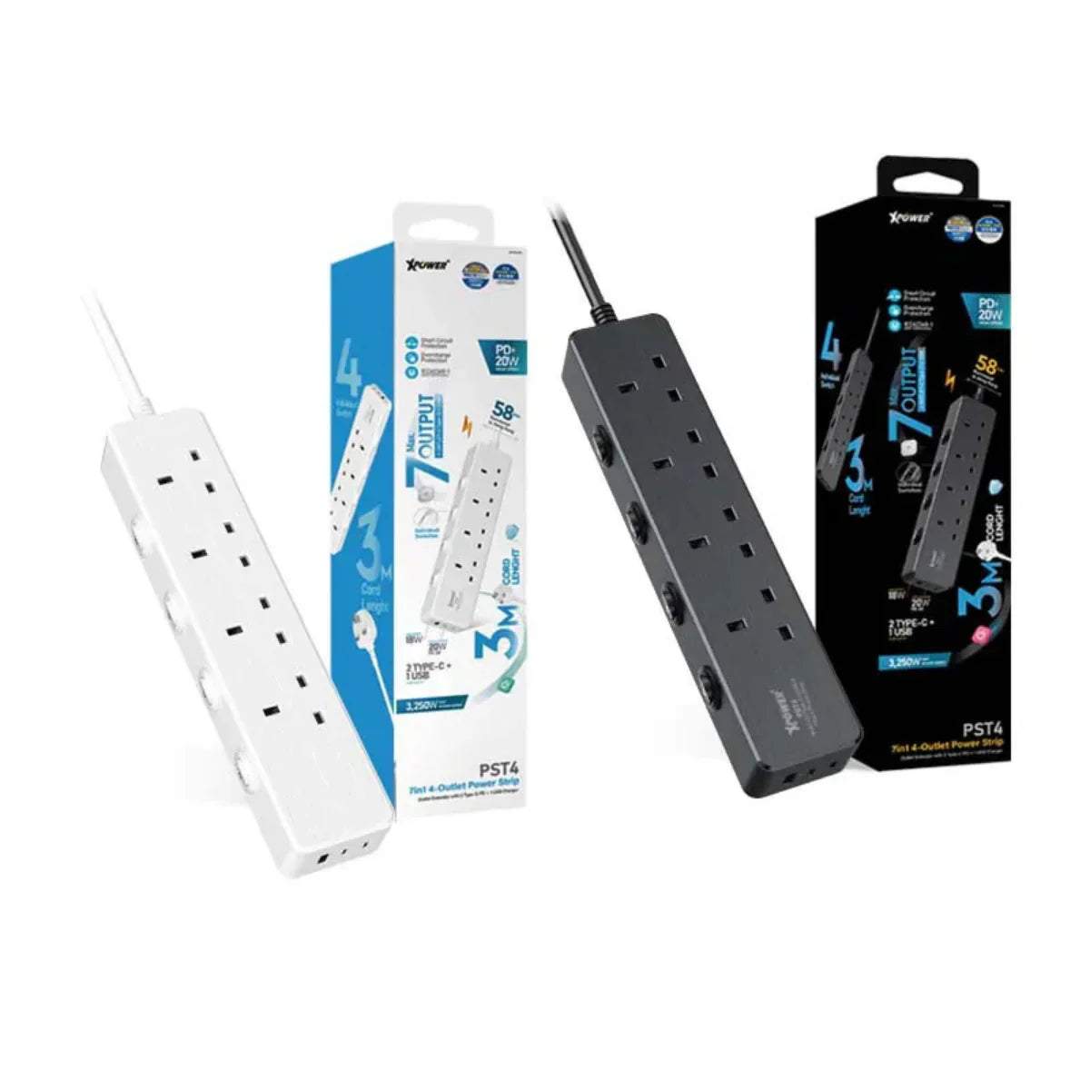 7-in-1 4-outlet power strip with USB-C and USB ports, 3M cord, PD 20W charging