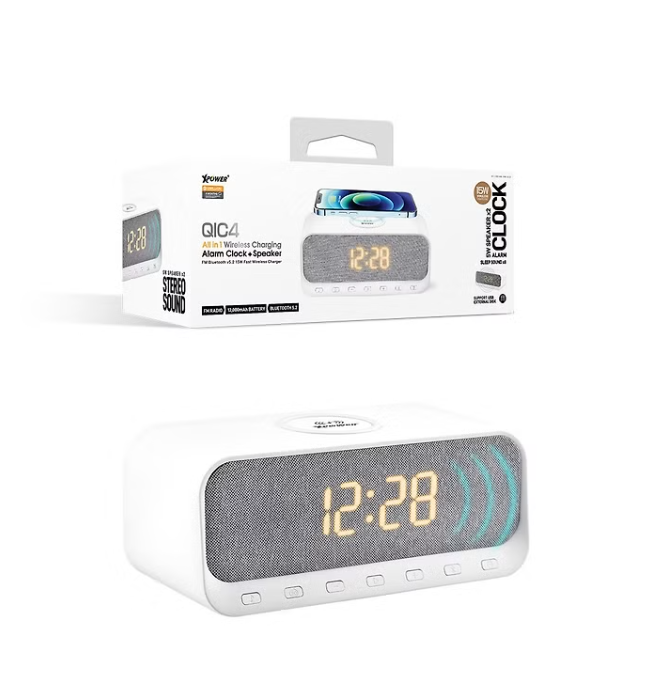 XPower QIC4 All-In-One 15W Wireless Charging + Bluetooth Speaker Alarm Clock - White