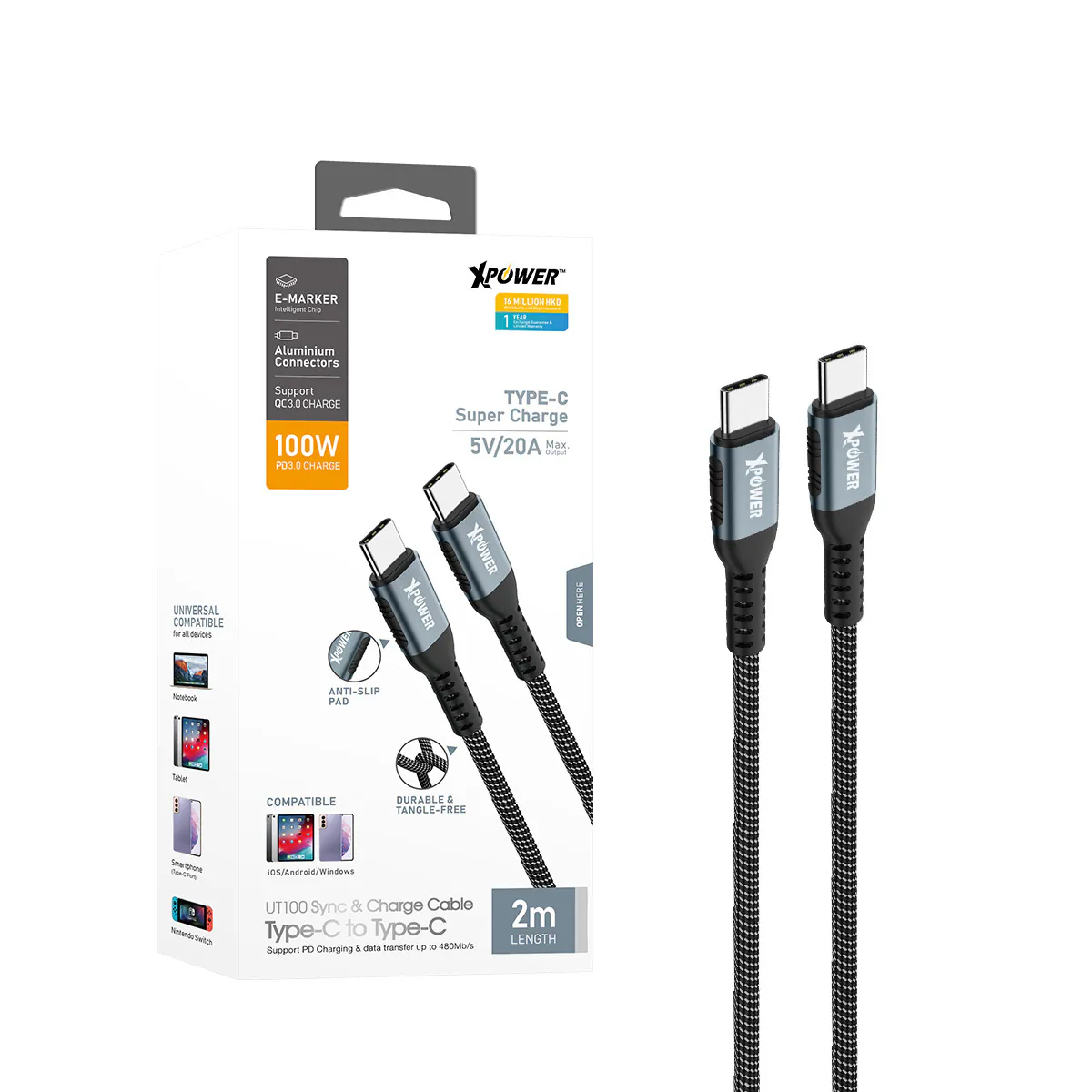 XPower Type-C to Type-C, 2m Cable - UT100 Gray