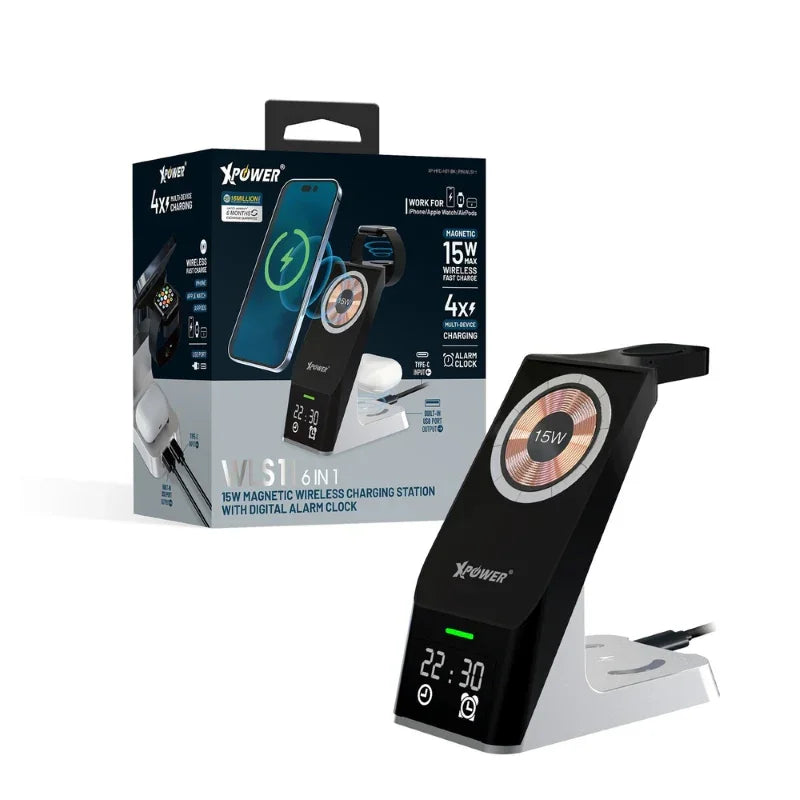 XPower 15W Magsafe Charging Station with Clock Display - Black - Tashqila