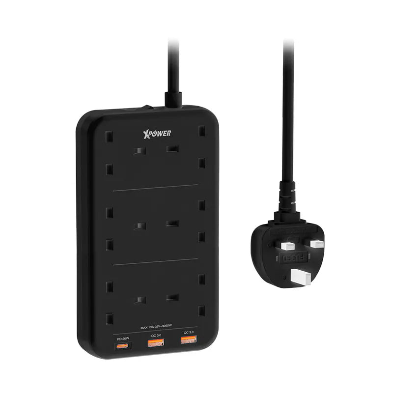 XPower 9 Output Sockets Power Strip (3m Wire) - Black