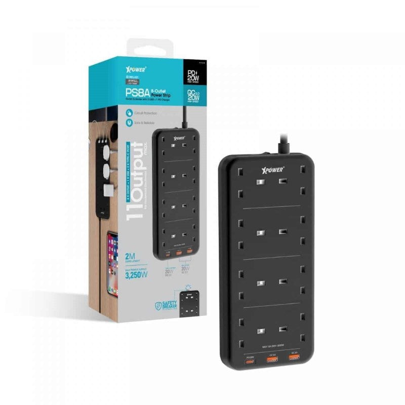 XPower PS8A 3250W 11 Output 2 Usb + 1 Type-C + 8 Uk Sockets Power Strip - Black