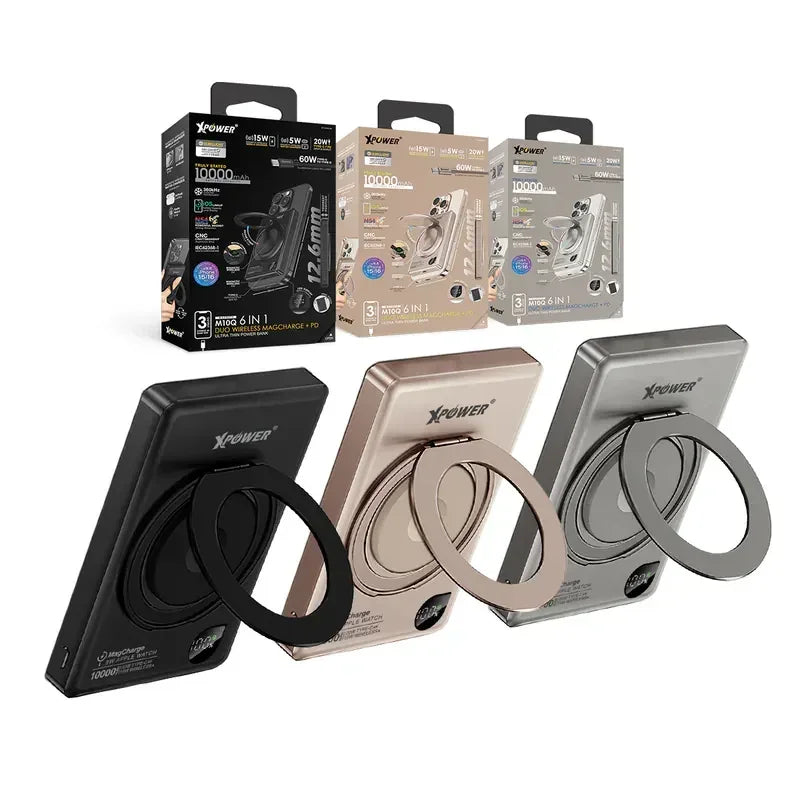 Xpower 10000mah 20w 6in1 Wireless Ultra Thin Power Bank With Stand - Titanium - Tashqila