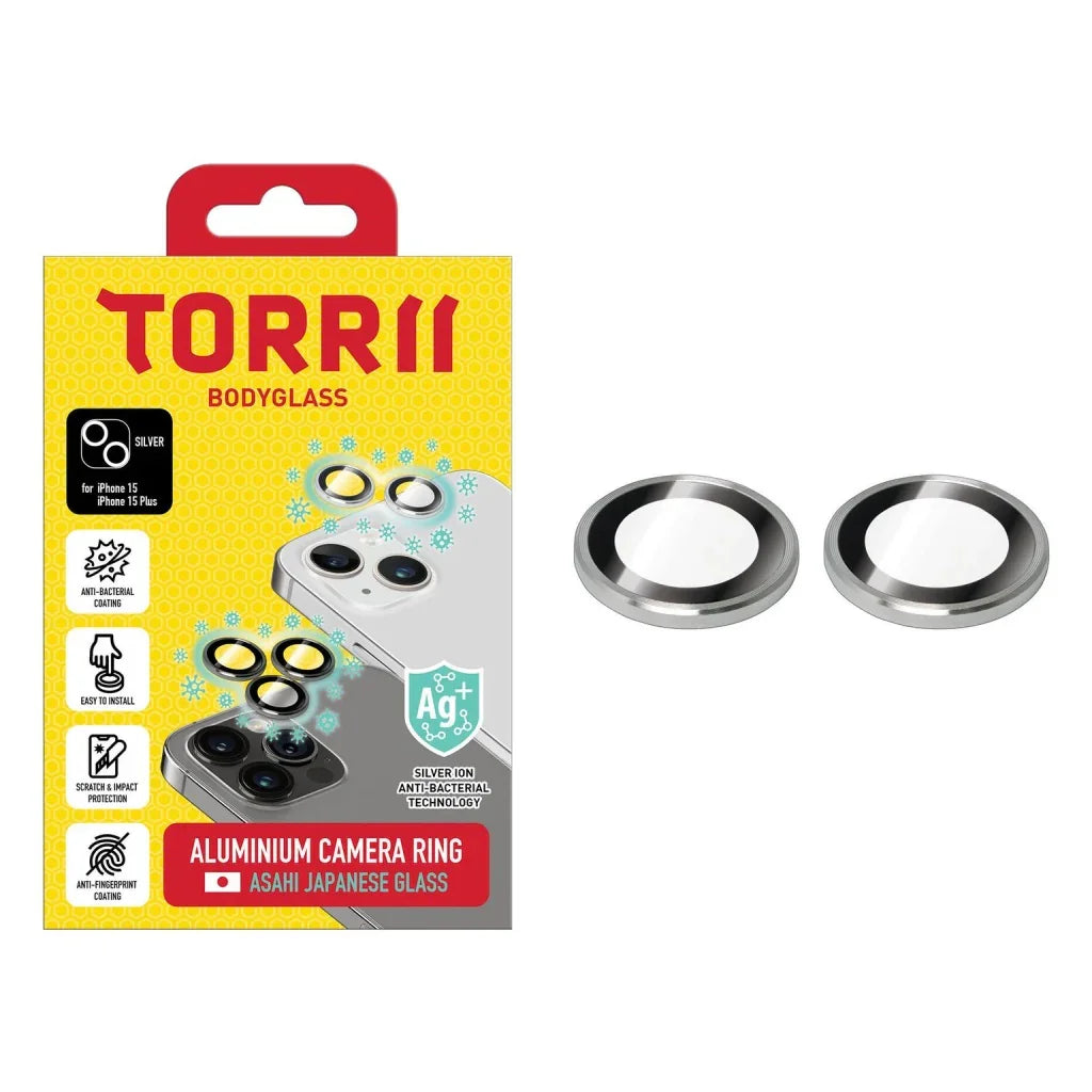 Torrii Bodyglass Camera Lens Protector (Individual Aluminium Ring) For iPhone 15 / 15 Plus – Silver - Tashqila