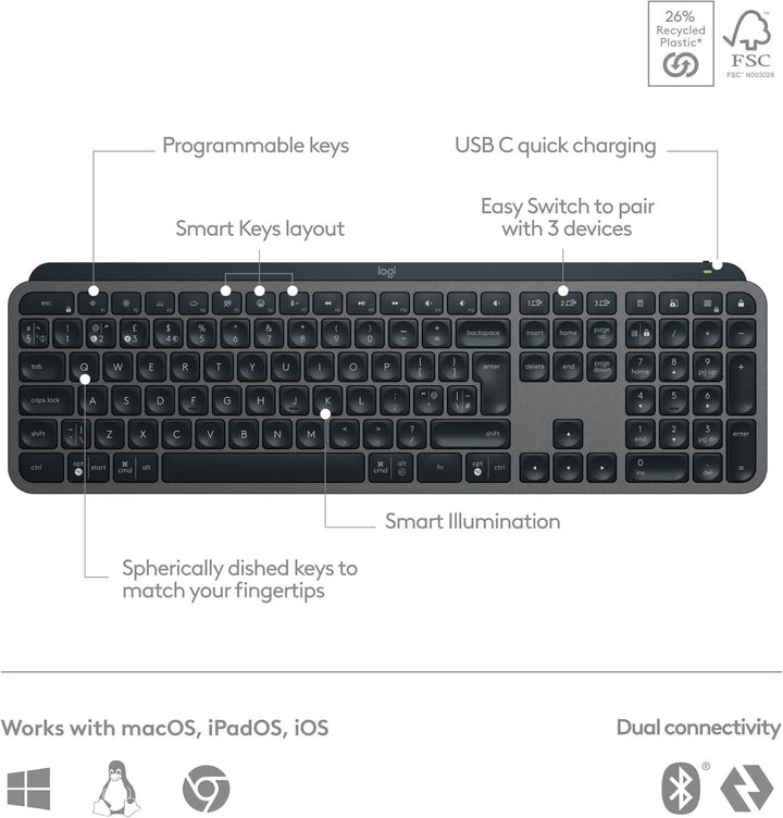 Logitech MX Keys S Advanced Wireless Illuminated Keyboard - Graphite, Arb - Tashqila