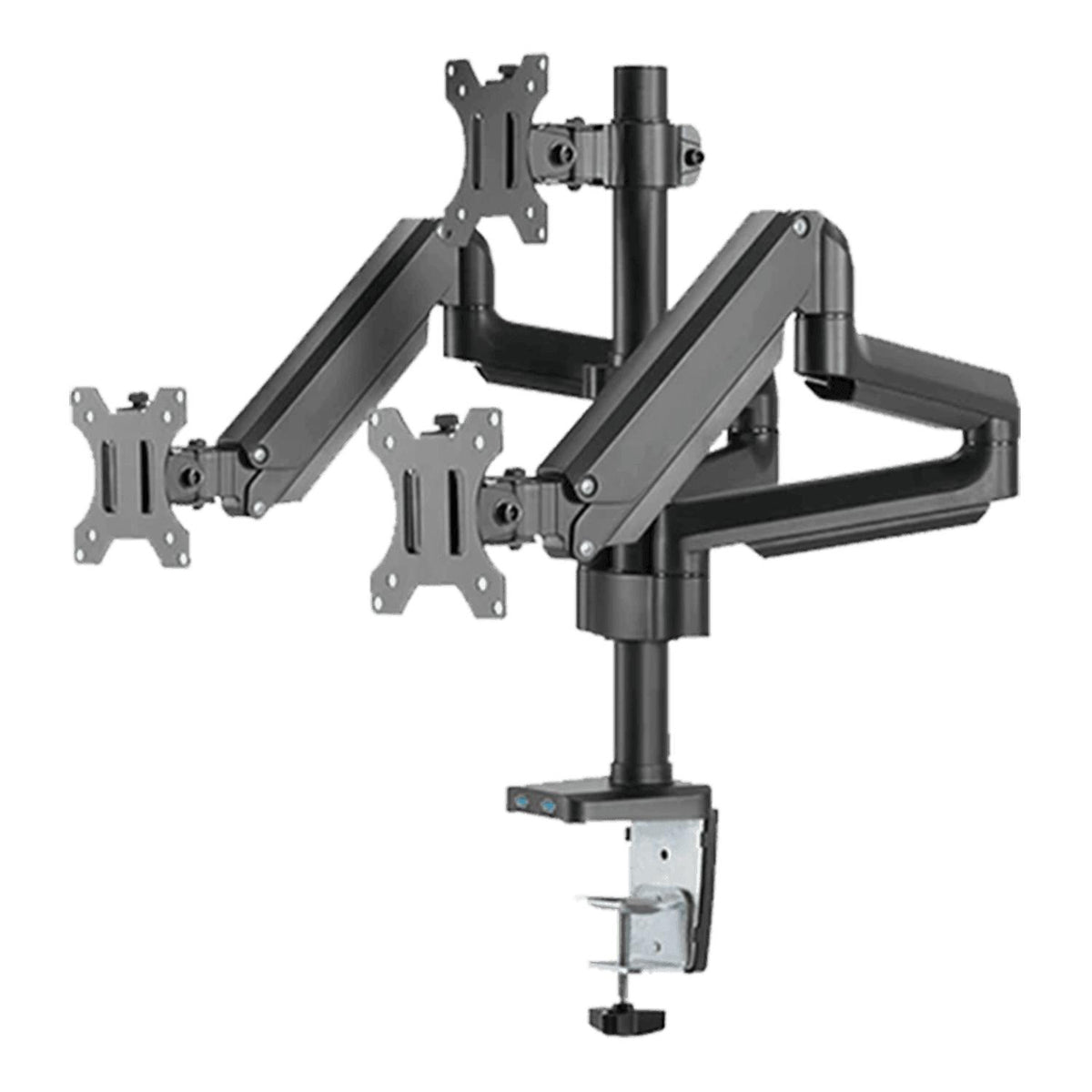 A 4-monitor adjustable desktop monitor arm with a clamp-down design, shown against a plain white background.