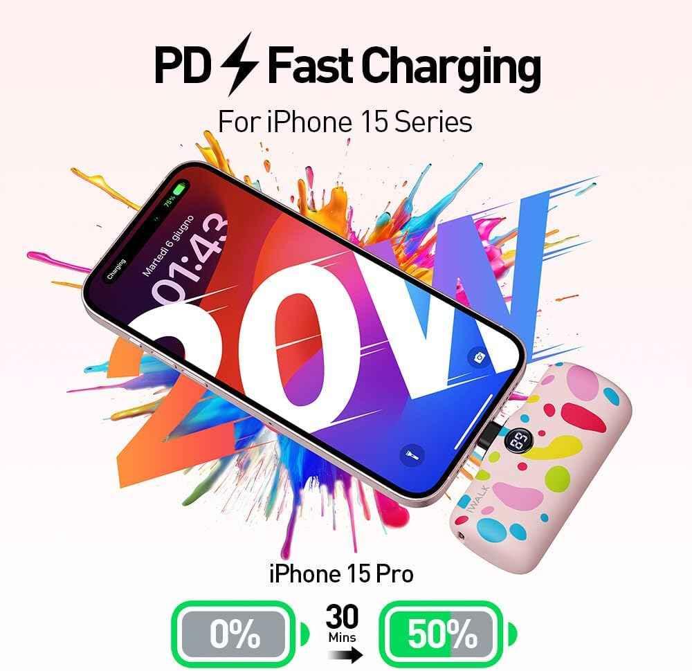 iWalk 4800mAh Type-C 20W Pocket Power Bank - Pink Pattern