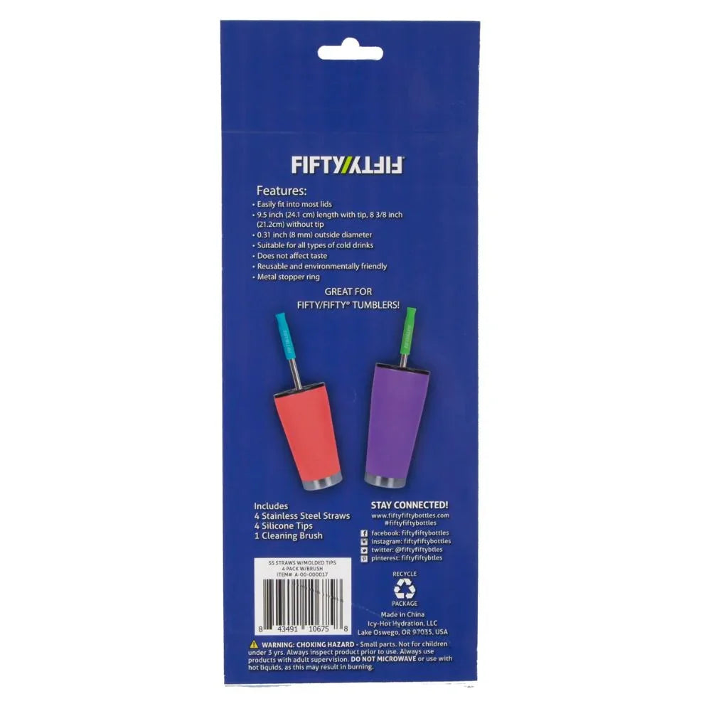 Fifty/Fifty Stainless Steel Straws w/Silicone Tip & Cleaning Brush Pack of 4 (Assorted)