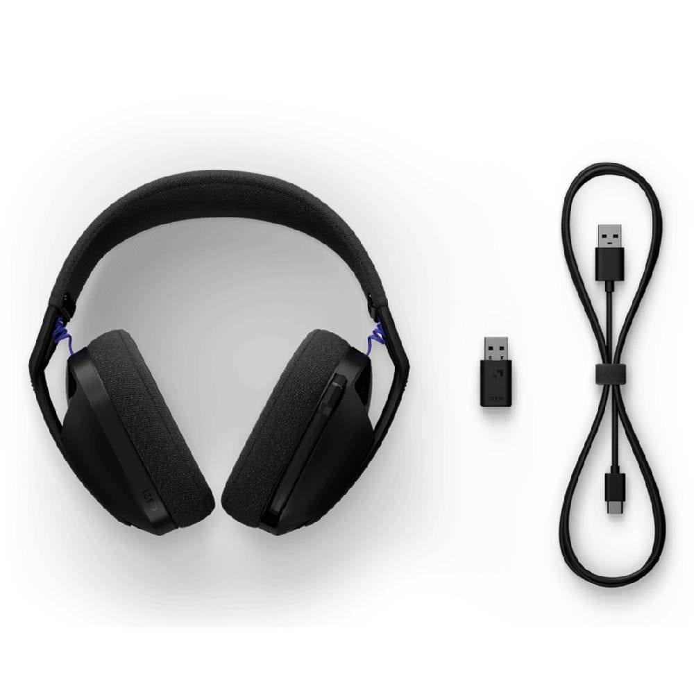Black over-ear gaming headphones shown with a black USB charging cable and a small USB receiver on a clean white background.
