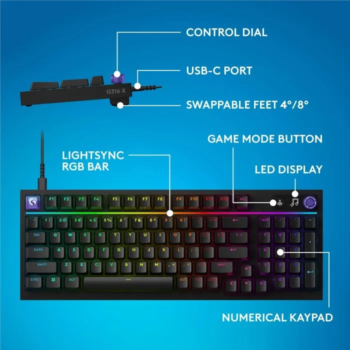 Logitech G316 X 98% Wired Mechanical Gaming Keyboard, Tactile Switch - Black (US Layout) - Tashqila