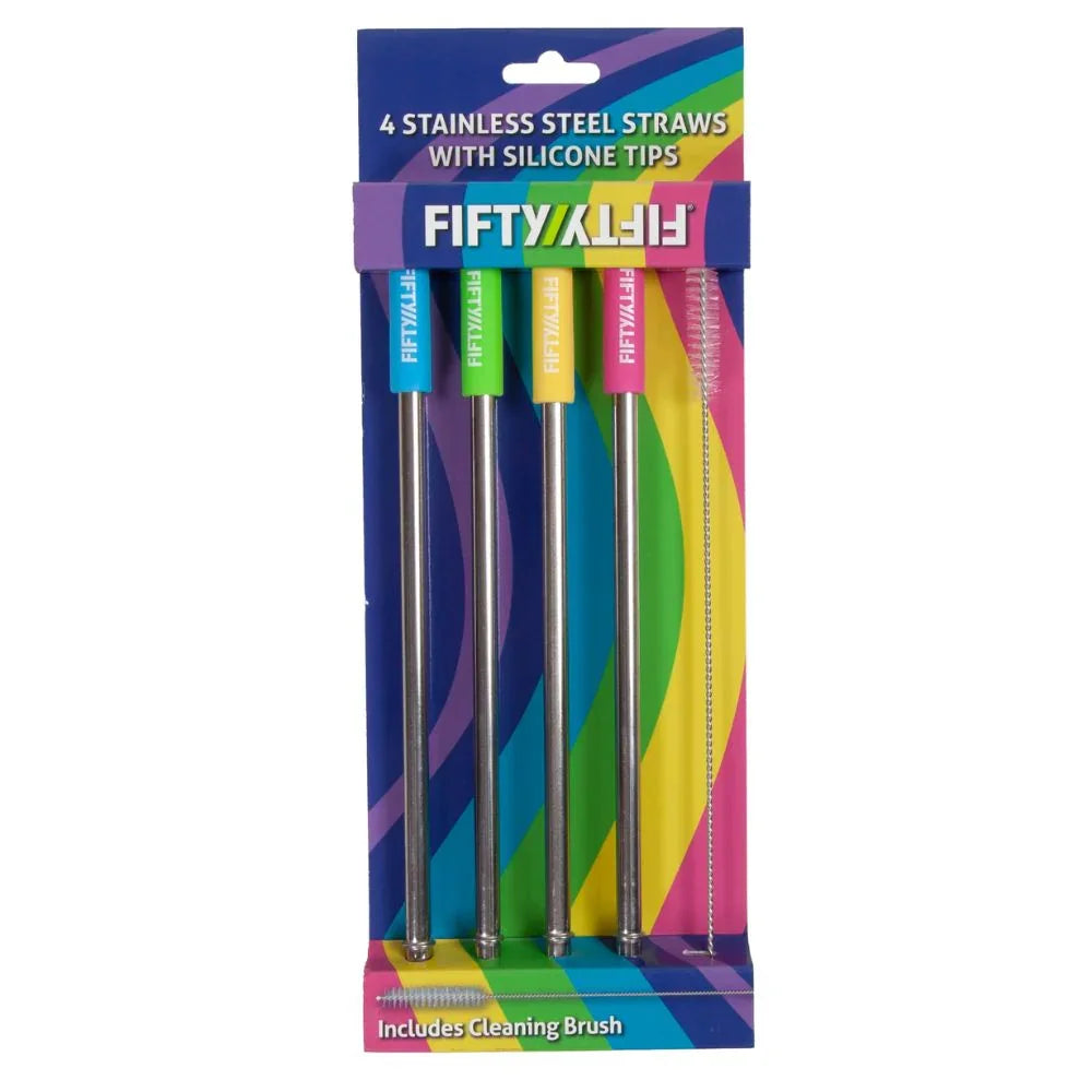 Fifty/Fifty Stainless Steel Straws w/Silicone Tip & Cleaning Brush Pack of 4 (Assorted)