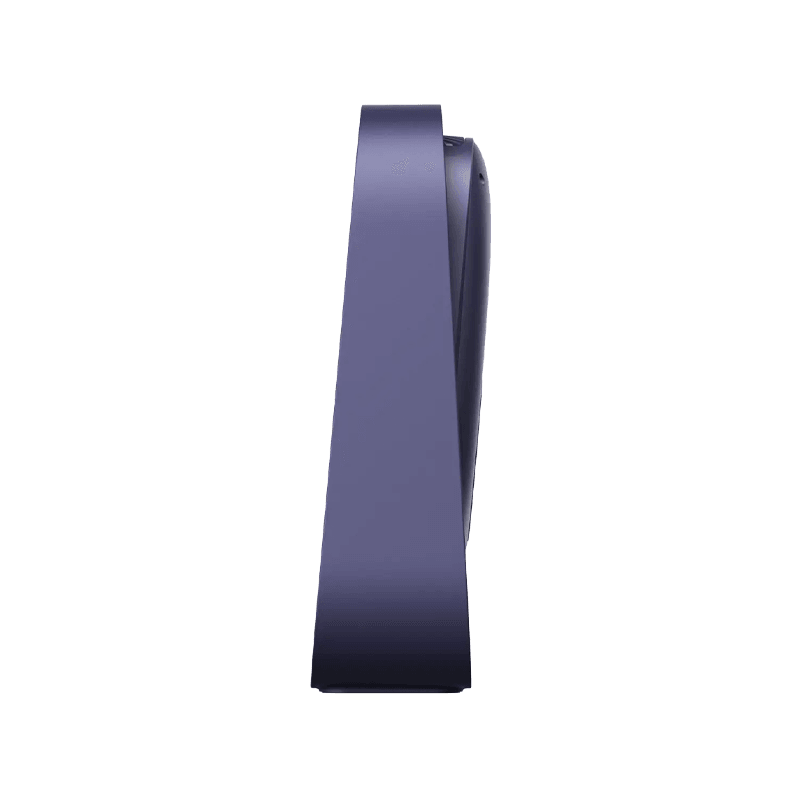 A close-up side profile of a modern electronic device, likely a speaker or receiver, in a dark metallic purple color, shown against a solid white background.