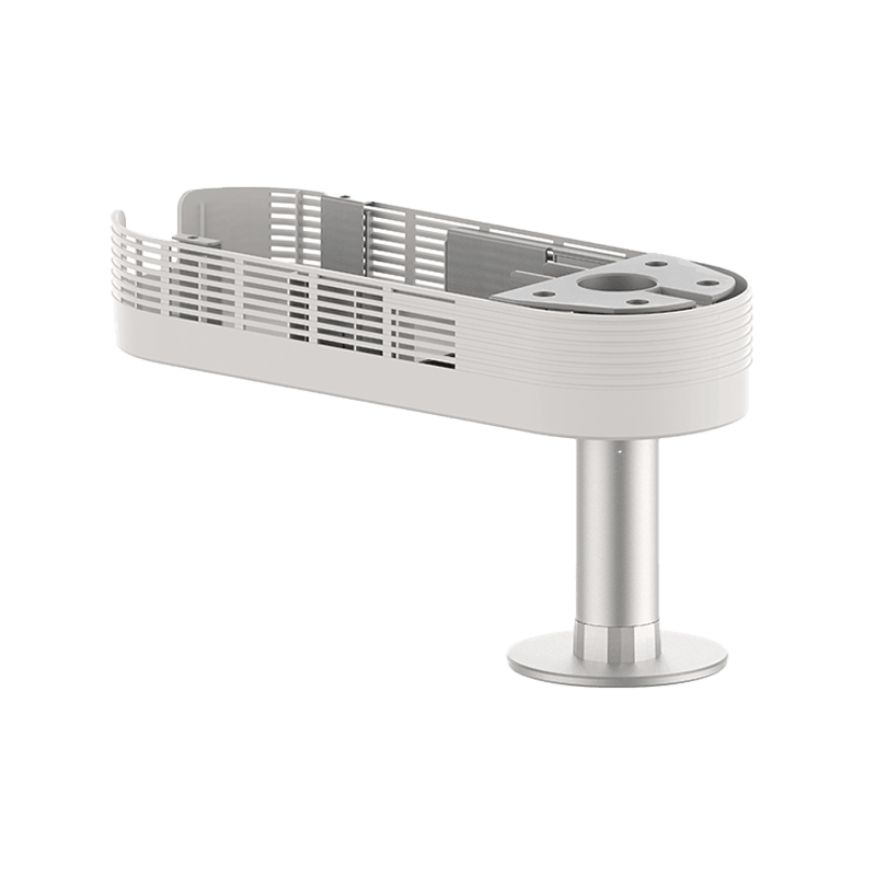 A modern white and silver wall-mounted bathroom sink basket with a slotted front and a single cylindrical pedestal base, shown on a solid white background.