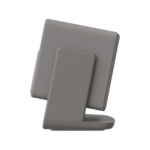 A minimalist, matte gray electronic device with a square backplate and a central vertical panel, shown at an angle on a plain white background.