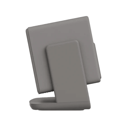 A minimalist, matte gray electronic device with a square backplate and a matching curved base, shown on a solid white background.