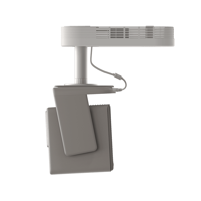 A modern wall-mounted projector shown in a clean studio-style render on a solid black background. The device has a sleek, rectangular body with a visible vent grille on top, a central mounting pole, a connected power cable, and a side panel with a recessed area.