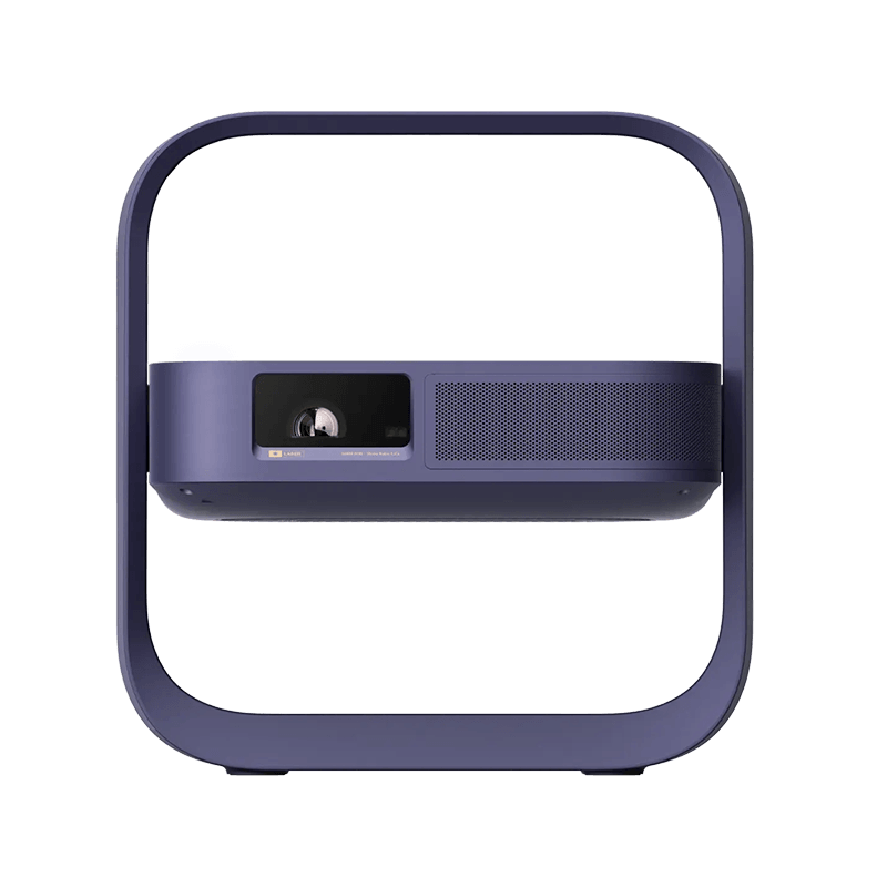 A modern portable projector with a dark blue-purple frame and a matching handle, shown from a front-facing perspective on a solid white background.