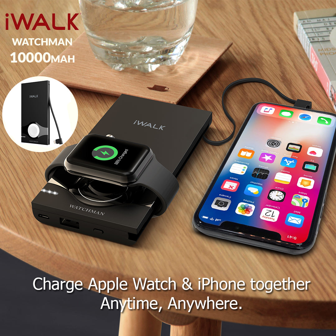 iWalk Watchman 10000mAh Powerbank Built In Cable, Usb Port and Watch Charger - Black